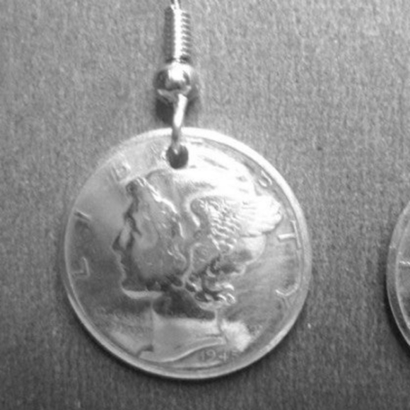 Vintage Silver Domed Polished Mercury Dime Drop Hook Earrings - Picture 5 of 7